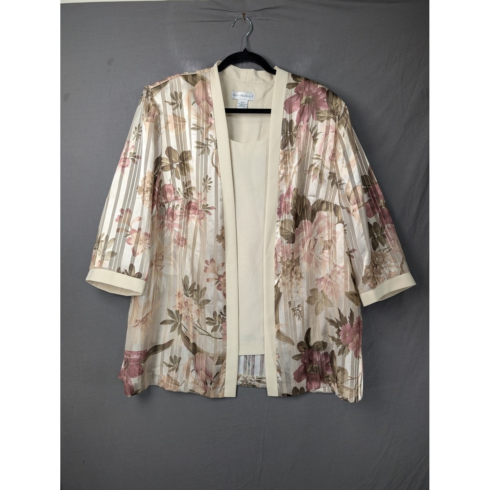 Anna Maxwell Womens 20W Floral Sheer Open Front Jacket Layering Piece Cream